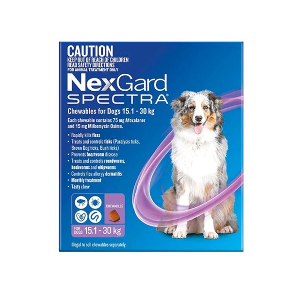 NexGard Spectra - Dogs 15.1-30kg - Tick, Flea, Heartworm, Gut Worms - 3 pack For Sale