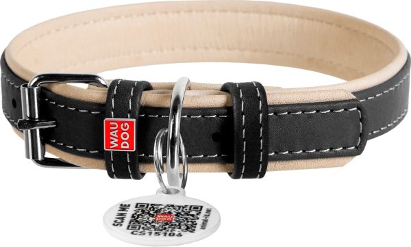 Collar for dogs leather Collar WAUDOG Soft with QR passport, metal decorations Discount